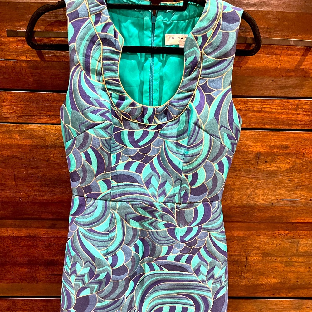 Trina Turk teal, blu and gold cocktail dress